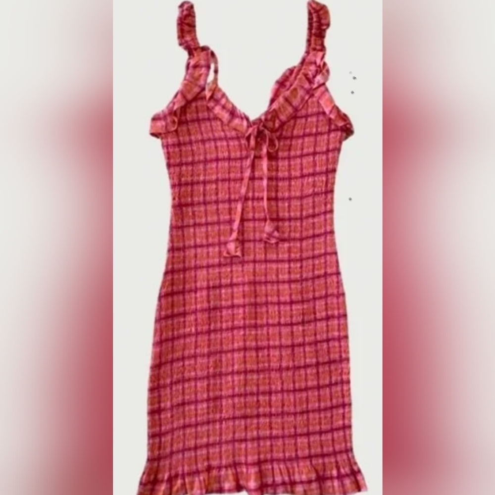 Japna Pink and Orange Plaid Smocked Bodycon Dress